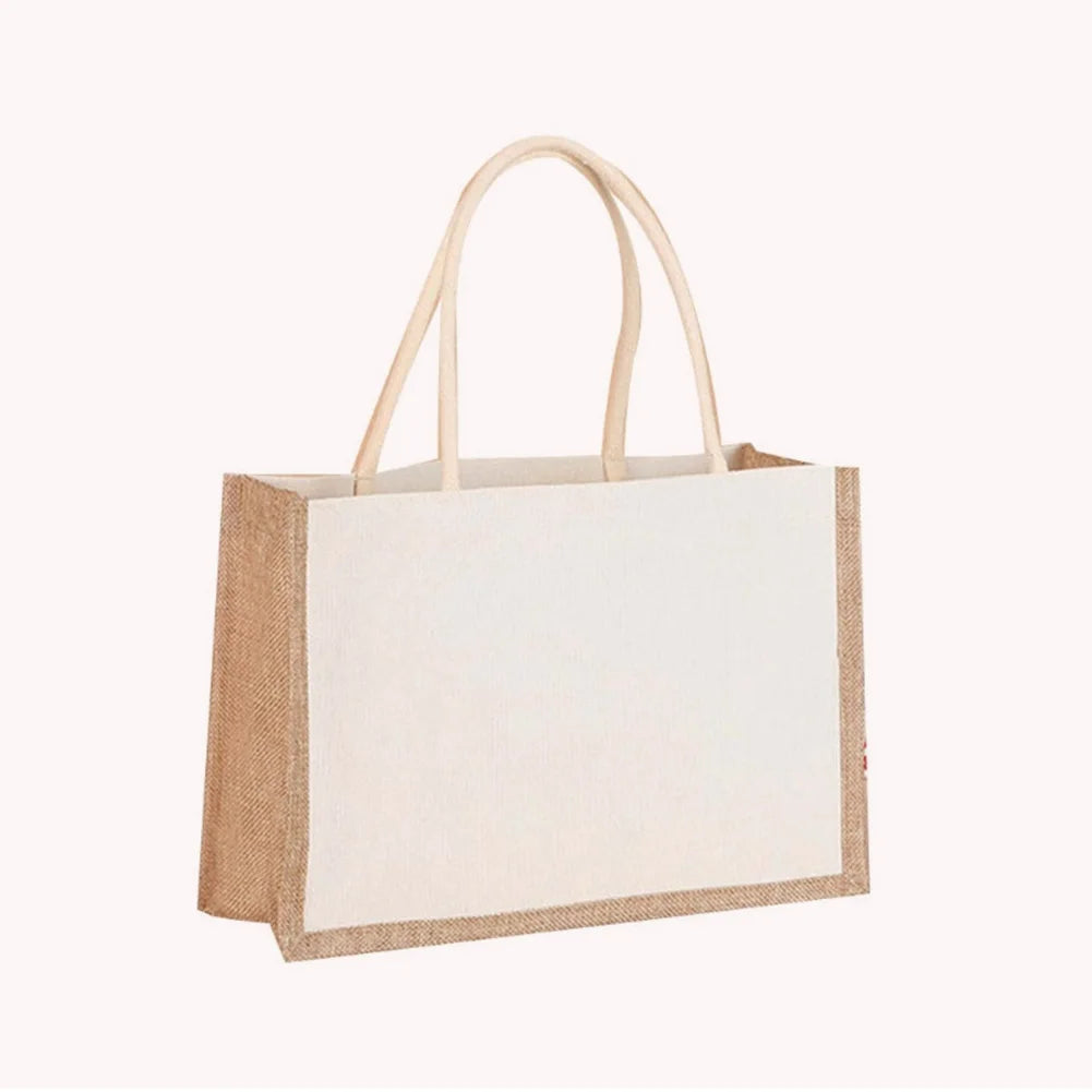 Women Burlap Jute Tote Bag Large Capacity Canvas Top-handle Jute Handbag Grocery Tote Handbag Casual Shopping Bag Gift Bag