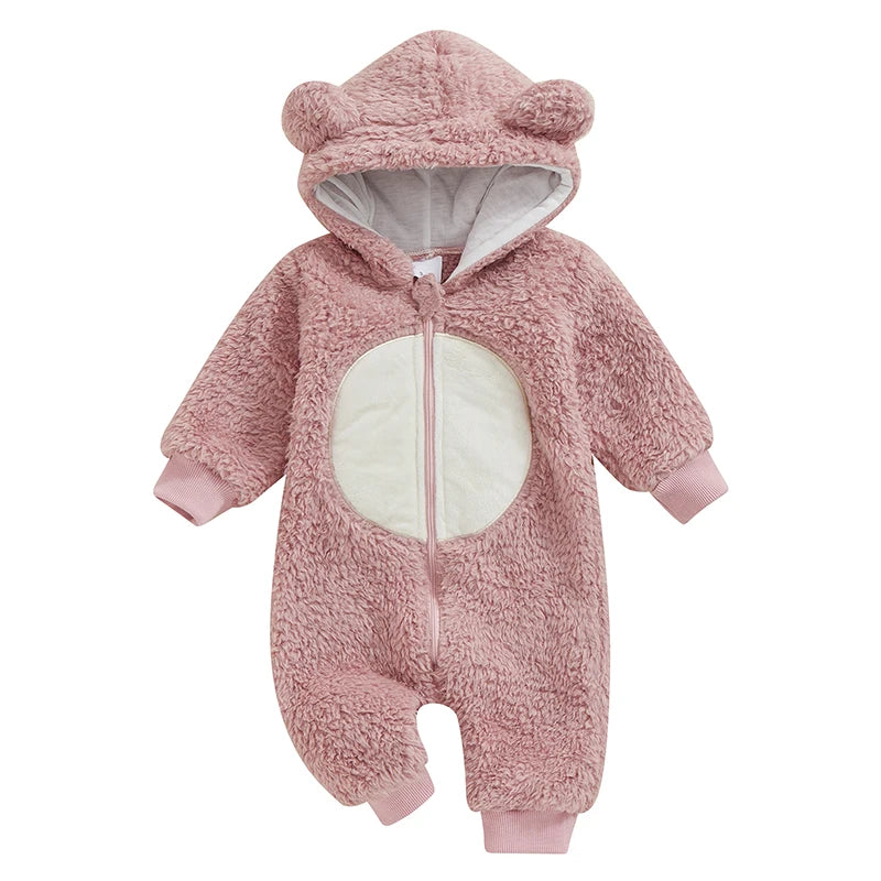 Cute Baby Boys Hooded Bear Romper with Ears and Tail Warm Fleece Jumpsuit for Infant Toddler Winter Outfit Fashion Wear