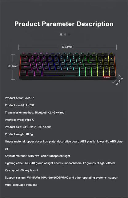 AJAZZ AK692 Gaming Mechanical Keyboard RGB 68 Keys Hot Swap Custom Keyboard Bluetooth Wireless Keyboards for PC Laptop Computer