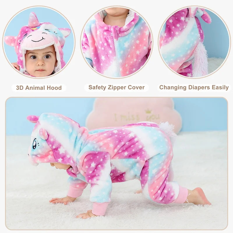 MICHLEY Halloween Baby Rompers Winter Clothes Costume Cow Flannel Hooded Bodysuits Pajamas Animals Overall Jumpsuit For Kids