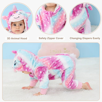 MICHLEY Halloween Baby Rompers Winter Clothes Costume Cow Flannel Hooded Bodysuits Pajamas Animals Overall Jumpsuit For Kids