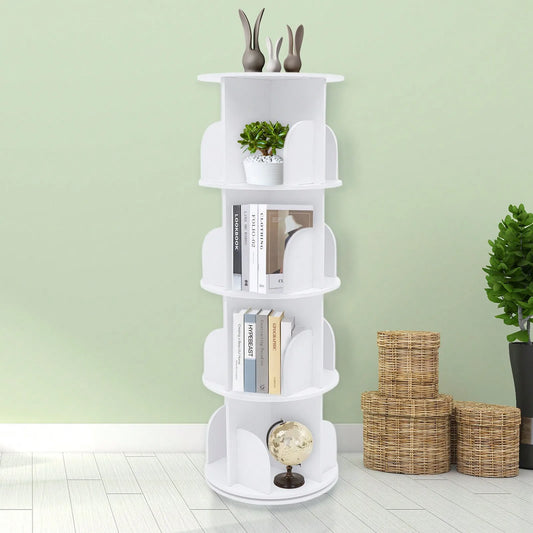 360° Rotating Bookshelf 4 Tier Turnable Tall Bookcase White Floor Standing Bookshelf Display Rack Organizer For Home Office