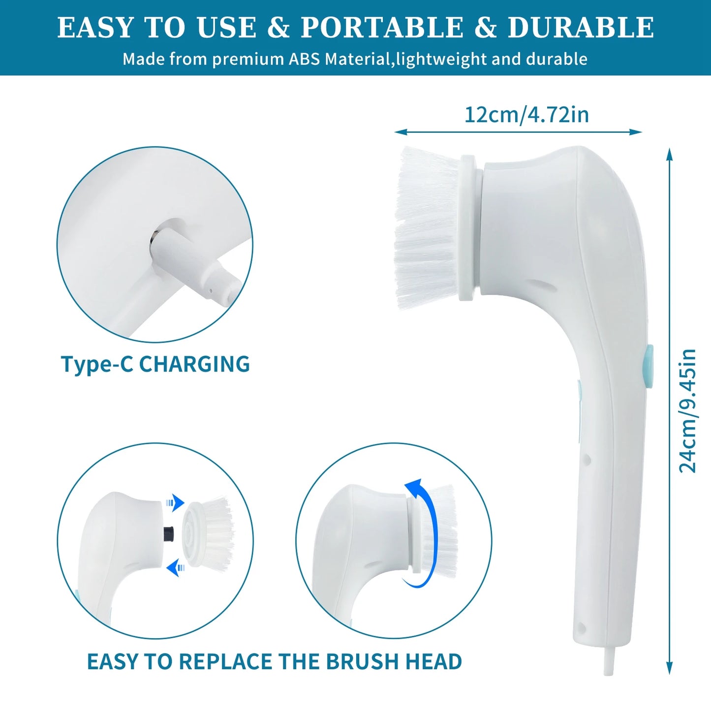 Electric Spin Scrubber Cordless Power Cleaning Brush with 5 Replaceable Brush Heads Rechargeable Scrubber for Kitchen