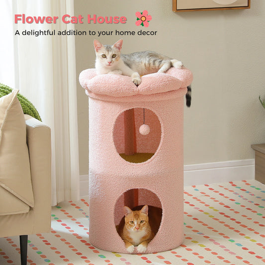 2-Storey Cat Beds for Indoor Cats Large Cat House with Removable Flower