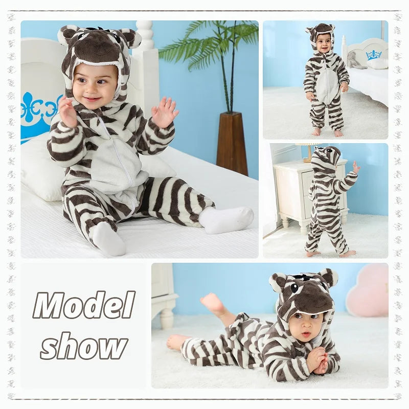 MICHLEY Halloween Baby Rompers Winter Clothes Costume Cow Flannel Hooded Bodysuits Pajamas Animals Overall Jumpsuit For Kids