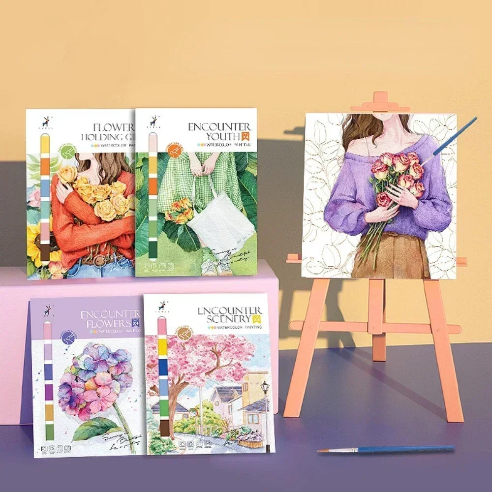 Portable Watercolor Painting Book 4 Sheets Coloring Book with Paint Brush Gouache Book Kids Graffiti Picture Drawing Stationery