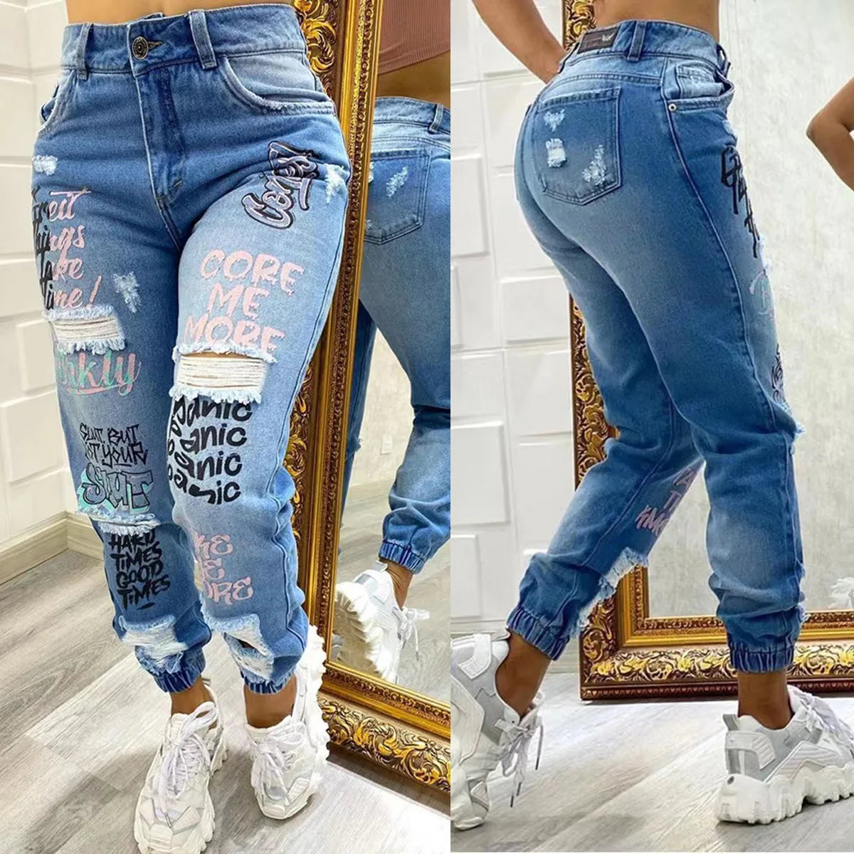 Letter Print Ripped Casual Jeans