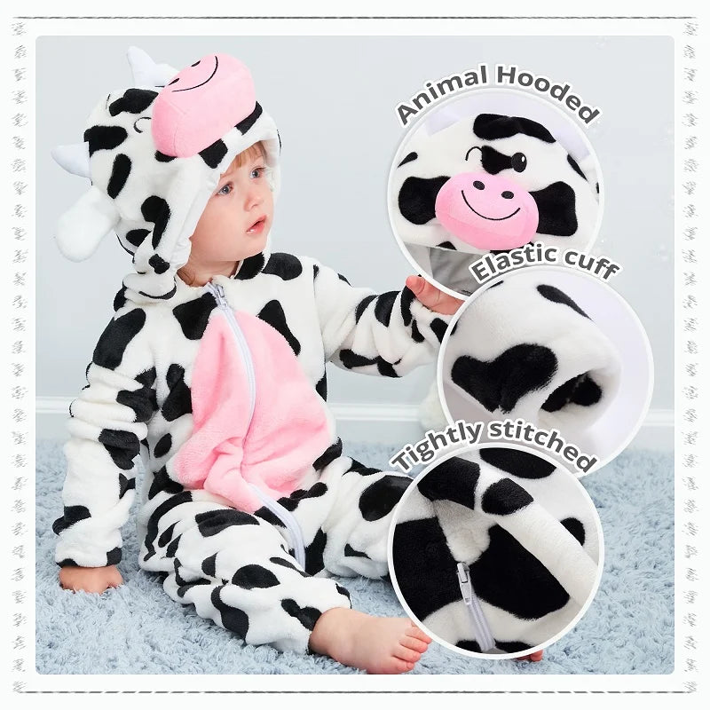 MICHLEY Halloween Baby Rompers Winter Clothes Costume Cow Flannel Hooded Bodysuits Pajamas Animals Overall Jumpsuit For Kids