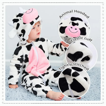 MICHLEY Halloween Baby Rompers Winter Clothes Costume Cow Flannel Hooded Bodysuits Pajamas Animals Overall Jumpsuit For Kids