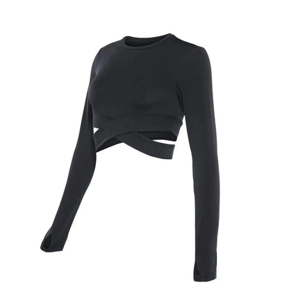 Crop Tops Women Yoga T-shirts Solid Sports Top Long Sleeve Running Shirts Sexy Exposed Navel Quick Dry Fitness Gym Sport Wear