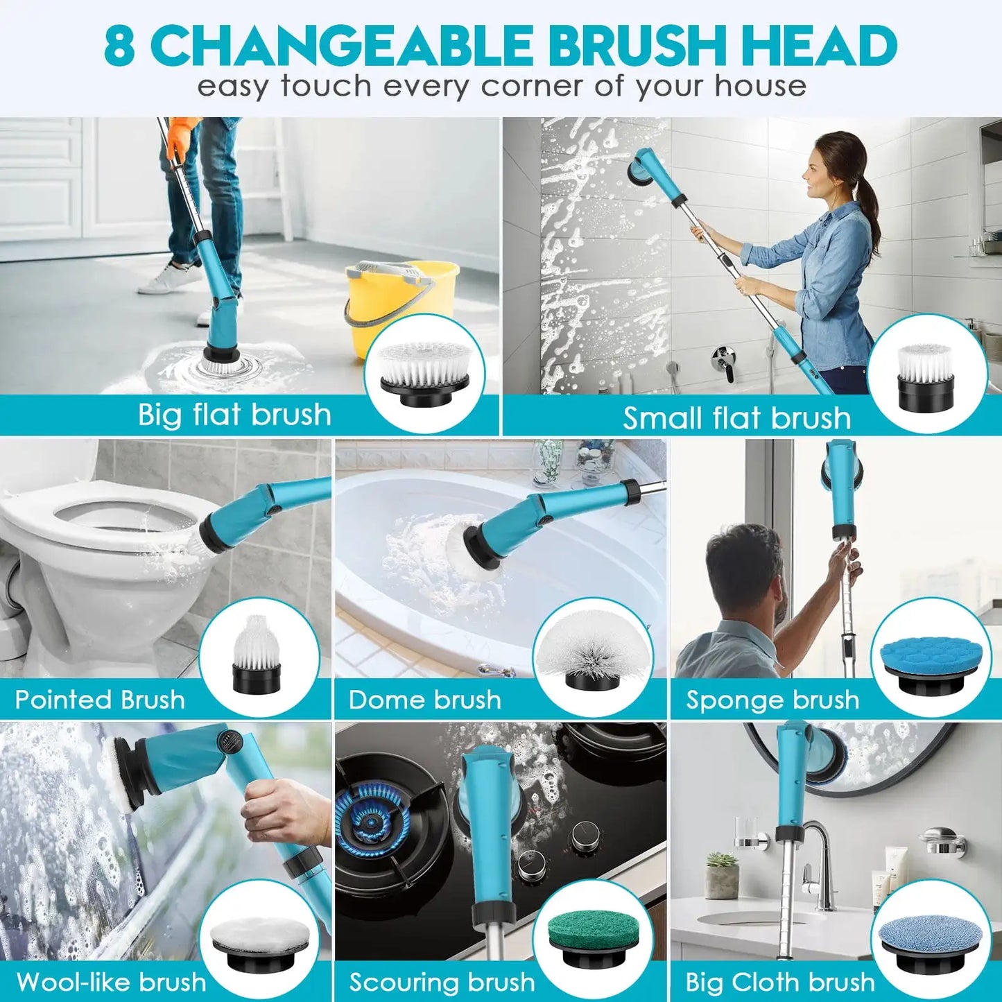 Electric Spin Scrubber 21V Cordless Cleaning Brush 1200RPM with Adjustable Extension Arm 8 Replaceable Cleaning Heads for Home