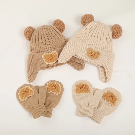 Lioraitiin Kids Hat and Gloves Set Cartoon Bears Winter Knit Beanie and Mittens for Toddler Cold Weather Accessories