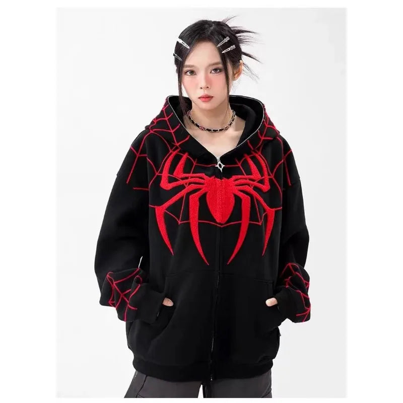 Gothic Y2K Spider Embroidery Hoodie