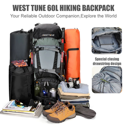 WESTTUNE 60L Explorer Internal Frame Backpack with Rain Cover Outdoor Backpack for Hiking Camping Backpacking Travel