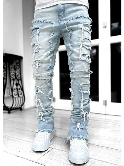 Distressed Patchwork Slim Fit Jeans