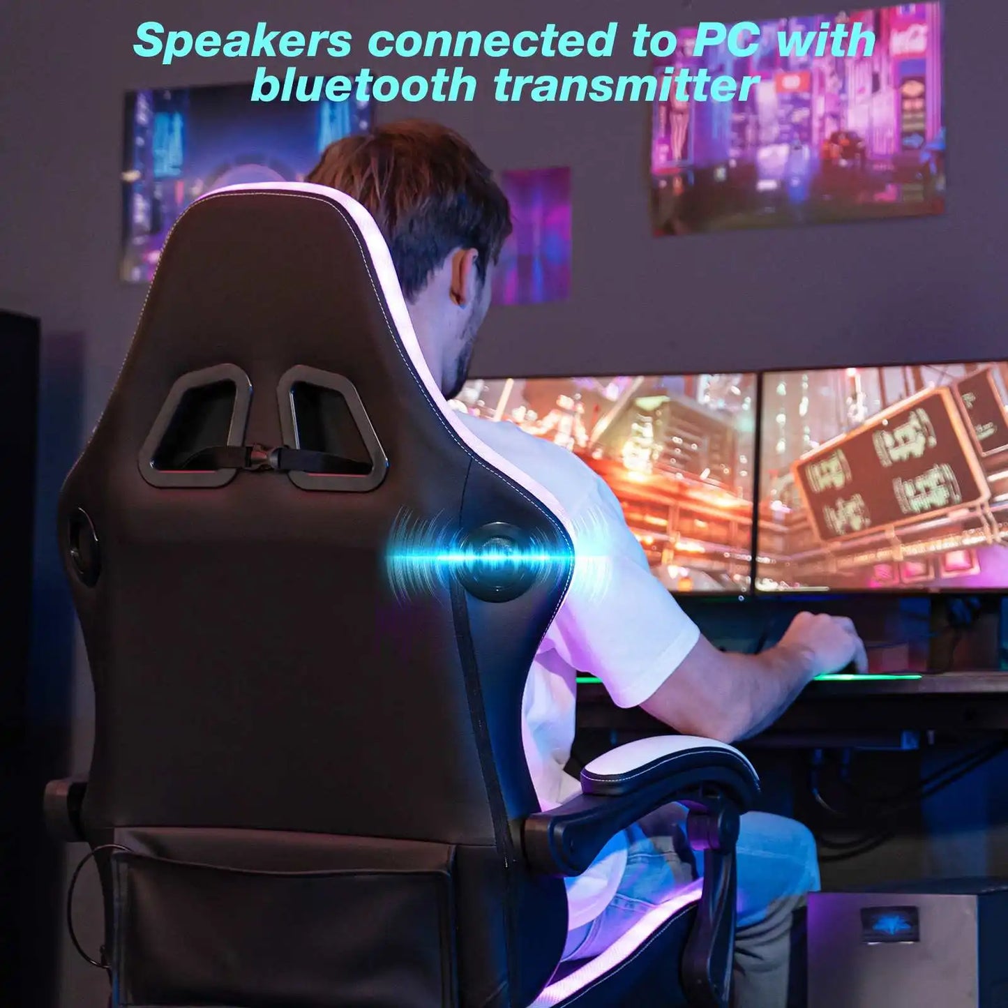 Gaming Chair Office Chair Ergonomic Bluetooth Speaker LED Lights Massage Adjustable Height Armrests Headrest Lumbar Support