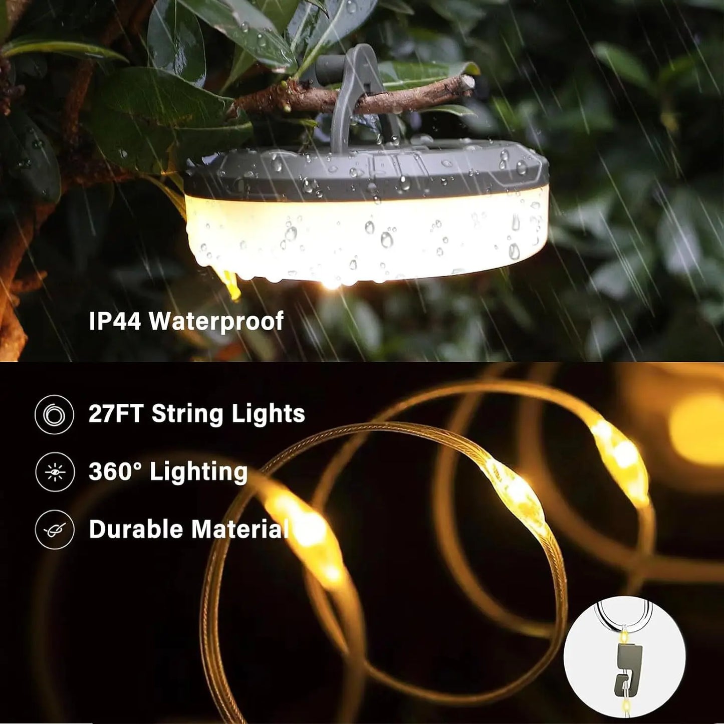 Rechargeable Camping String Light LED Camping String Light USB Rechargeable Magnetic 8 Modes Outdoor String Lamp for Garden Home