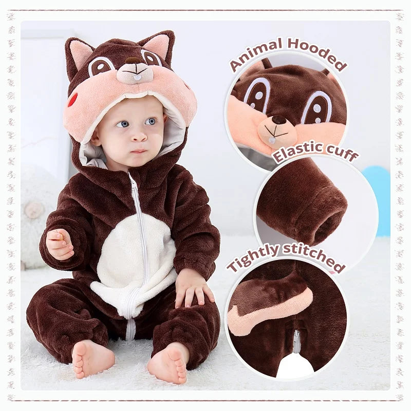 MICHLEY Halloween Baby Rompers Winter Clothes Costume Cow Flannel Hooded Bodysuits Pajamas Animals Overall Jumpsuit For Kids