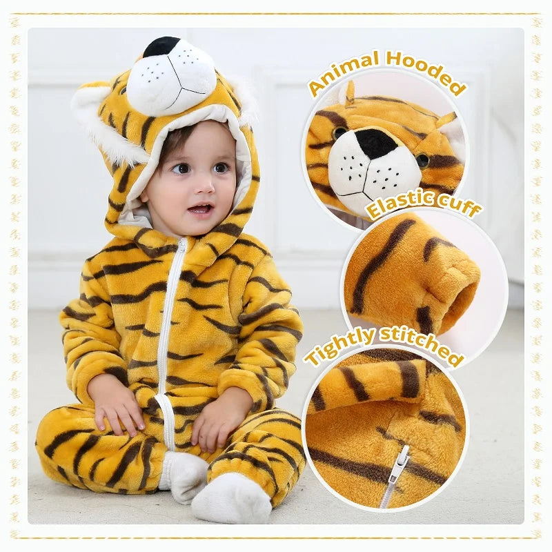 MICHLEY Halloween Baby Rompers Winter Clothes Costume Cow Flannel Hooded Bodysuits Pajamas Animals Overall Jumpsuit For Kids