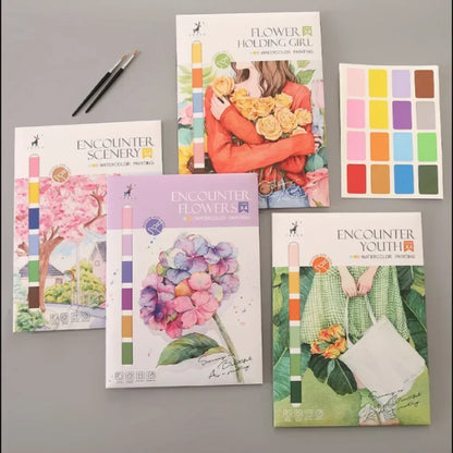 Portable Watercolor Painting Book 4 Sheets Coloring Book with Paint Brush Gouache Book Kids Graffiti Picture Drawing Stationery