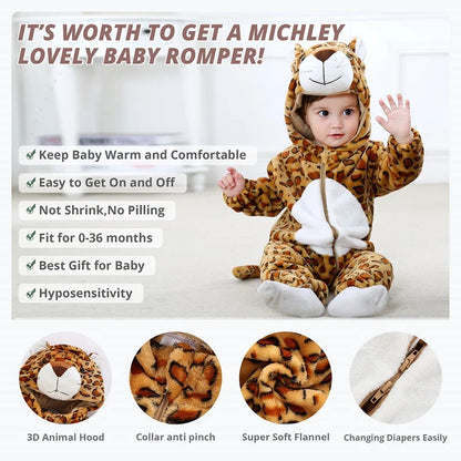 MICHLEY Halloween Baby Rompers Winter Clothes Costume Cow Flannel Hooded Bodysuits Pajamas Animals Overall Jumpsuit For Kids