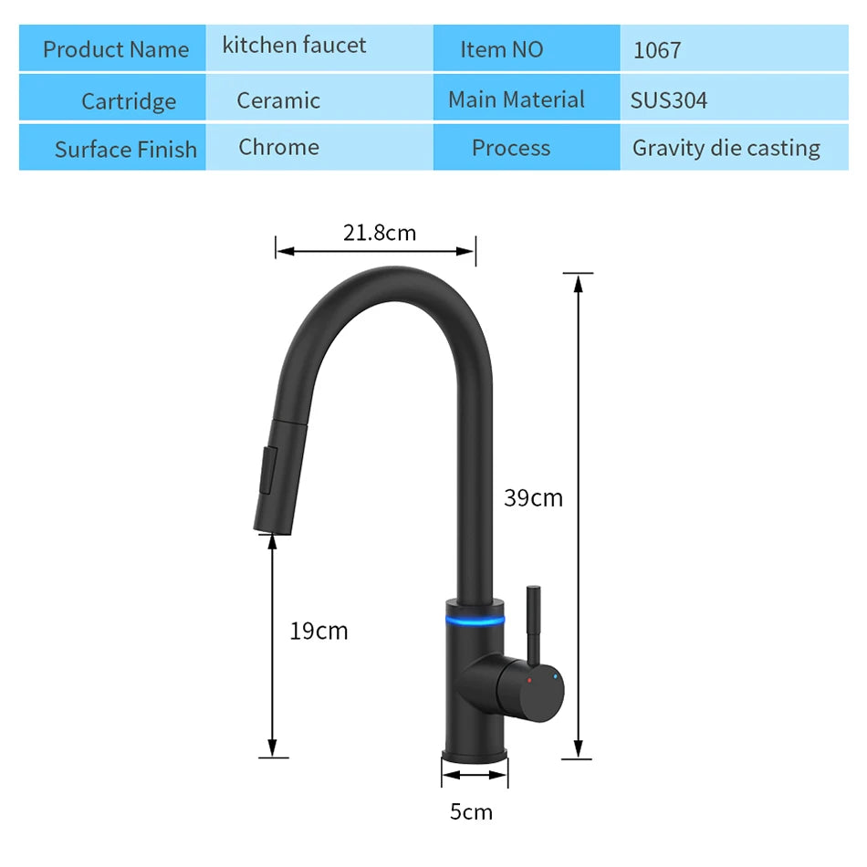 Smart Touch Black Kitchen LED Faucets Crane For Sensor Kitchen Water Tap Sink Rotate Touch Faucet Water Mixer Tap KH-1067