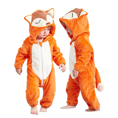 MICHLEY Halloween Baby Rompers Winter Clothes Costume Cow Flannel Hooded Bodysuits Pajamas Animals Overall Jumpsuit For Kids