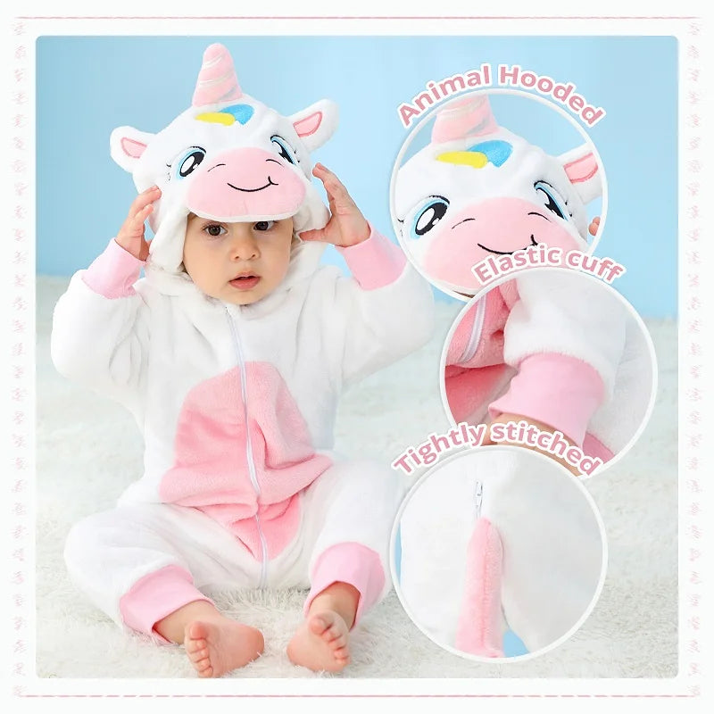 MICHLEY Halloween Baby Rompers Winter Clothes Costume Cow Flannel Hooded Bodysuits Pajamas Animals Overall Jumpsuit For Kids