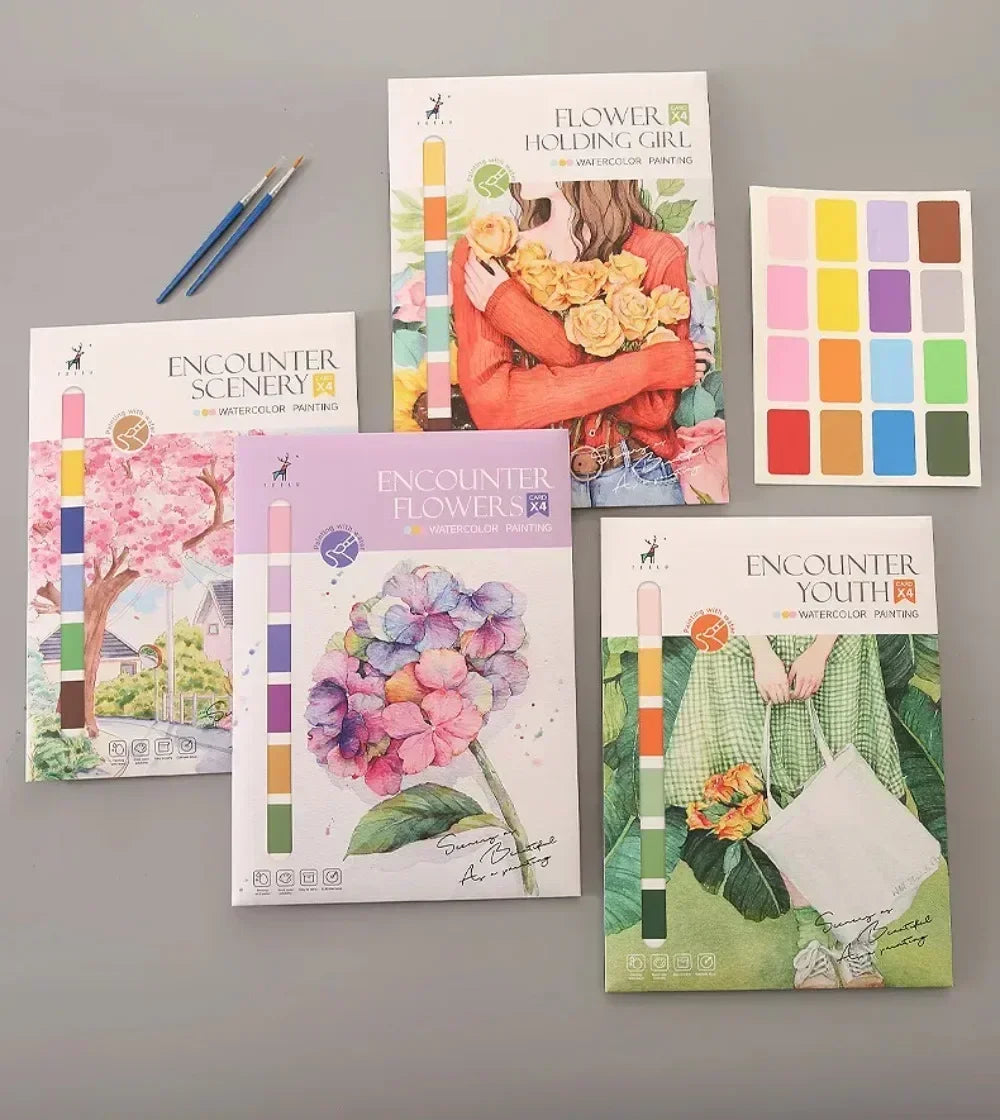 Portable Watercolor Painting Book 4 Sheets Coloring Book with Paint Brush Gouache Book Kids Graffiti Picture Drawing Stationery