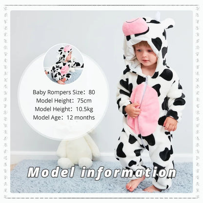 MICHLEY Halloween Baby Rompers Winter Clothes Costume Cow Flannel Hooded Bodysuits Pajamas Animals Overall Jumpsuit For Kids