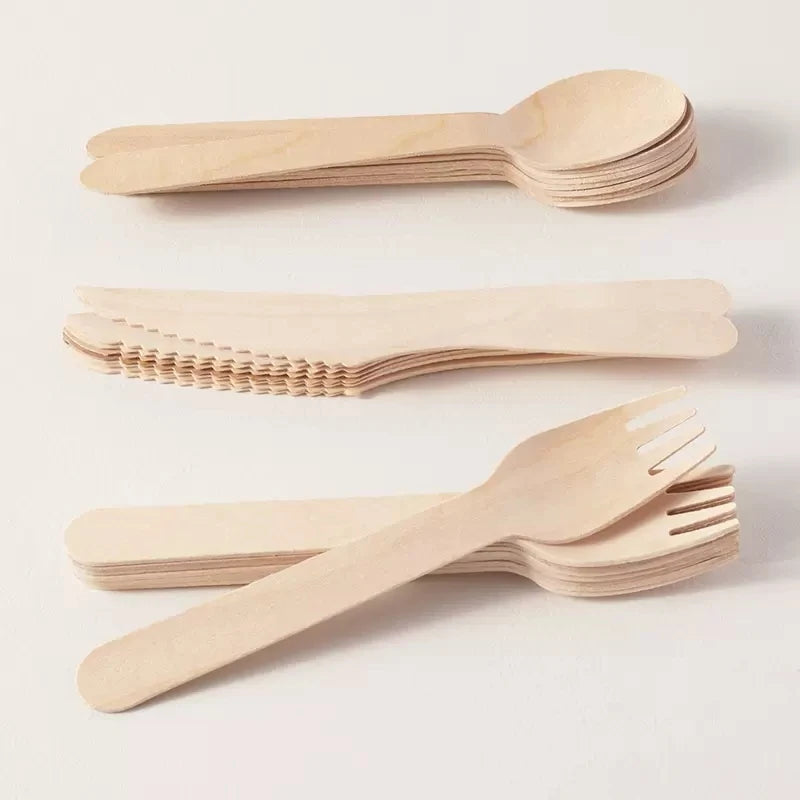 Disposable Dinnerware Set, 6-Inch Biodegradable Wooden Spoon Fork Knife, Utensils Set for Party