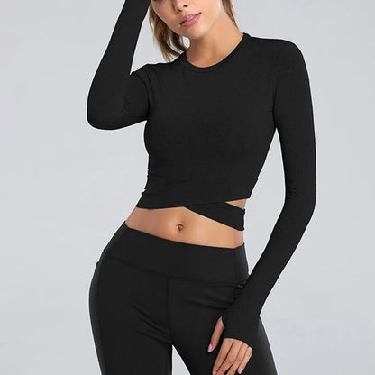 Crop Tops Women Yoga T-shirts Solid Sports Top Long Sleeve Running Shirts Sexy Exposed Navel Quick Dry Fitness Gym Sport Wear