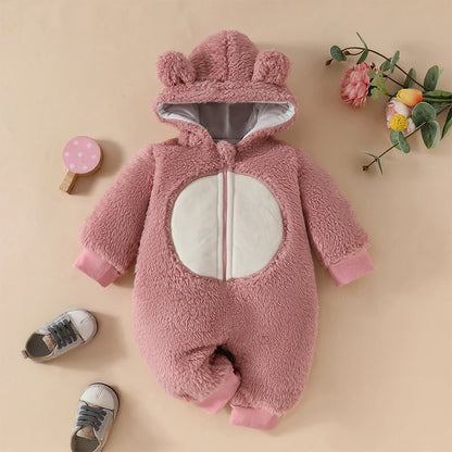 Cute Baby Boys Hooded Bear Romper with Ears and Tail Warm Fleece Jumpsuit for Infant Toddler Winter Outfit Fashion Wear