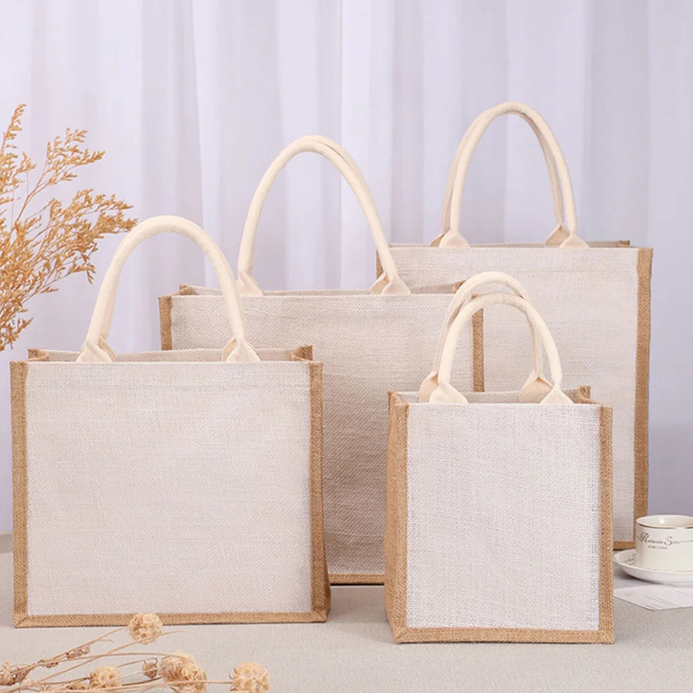 Women Burlap Jute Tote Bag Large Capacity Canvas Top-handle Jute Handbag Grocery Tote Handbag Casual Shopping Bag Gift Bag