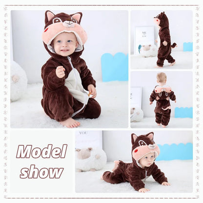 MICHLEY Halloween Baby Rompers Winter Clothes Costume Cow Flannel Hooded Bodysuits Pajamas Animals Overall Jumpsuit For Kids