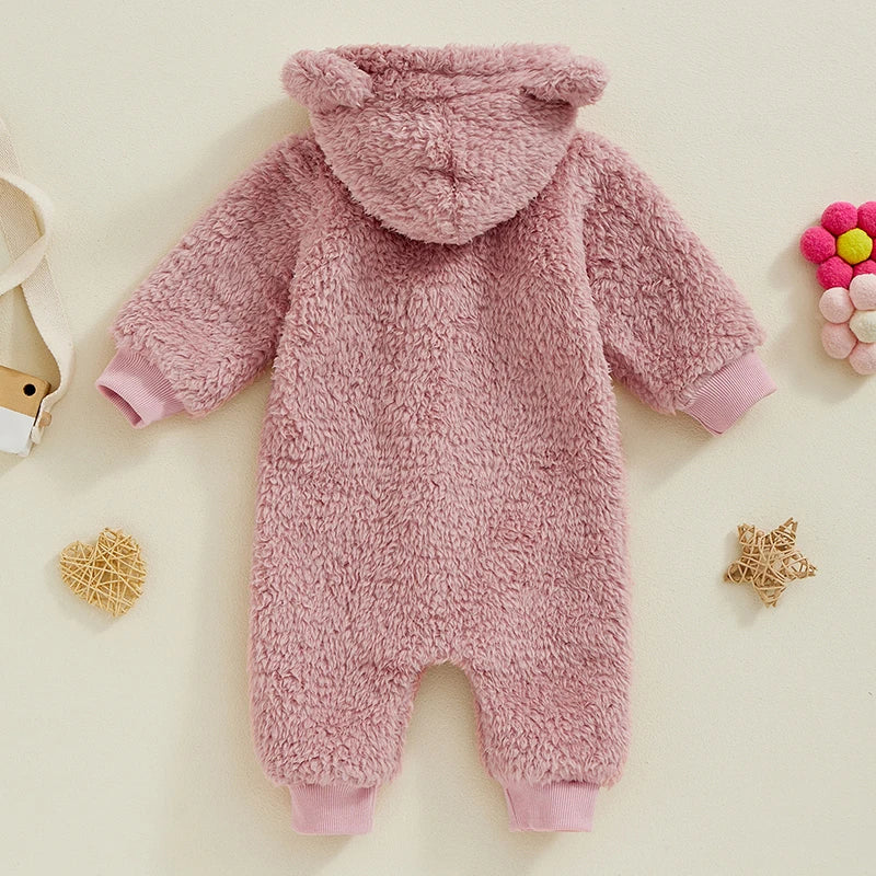 Cute Baby Boys Hooded Bear Romper with Ears and Tail Warm Fleece Jumpsuit for Infant Toddler Winter Outfit Fashion Wear