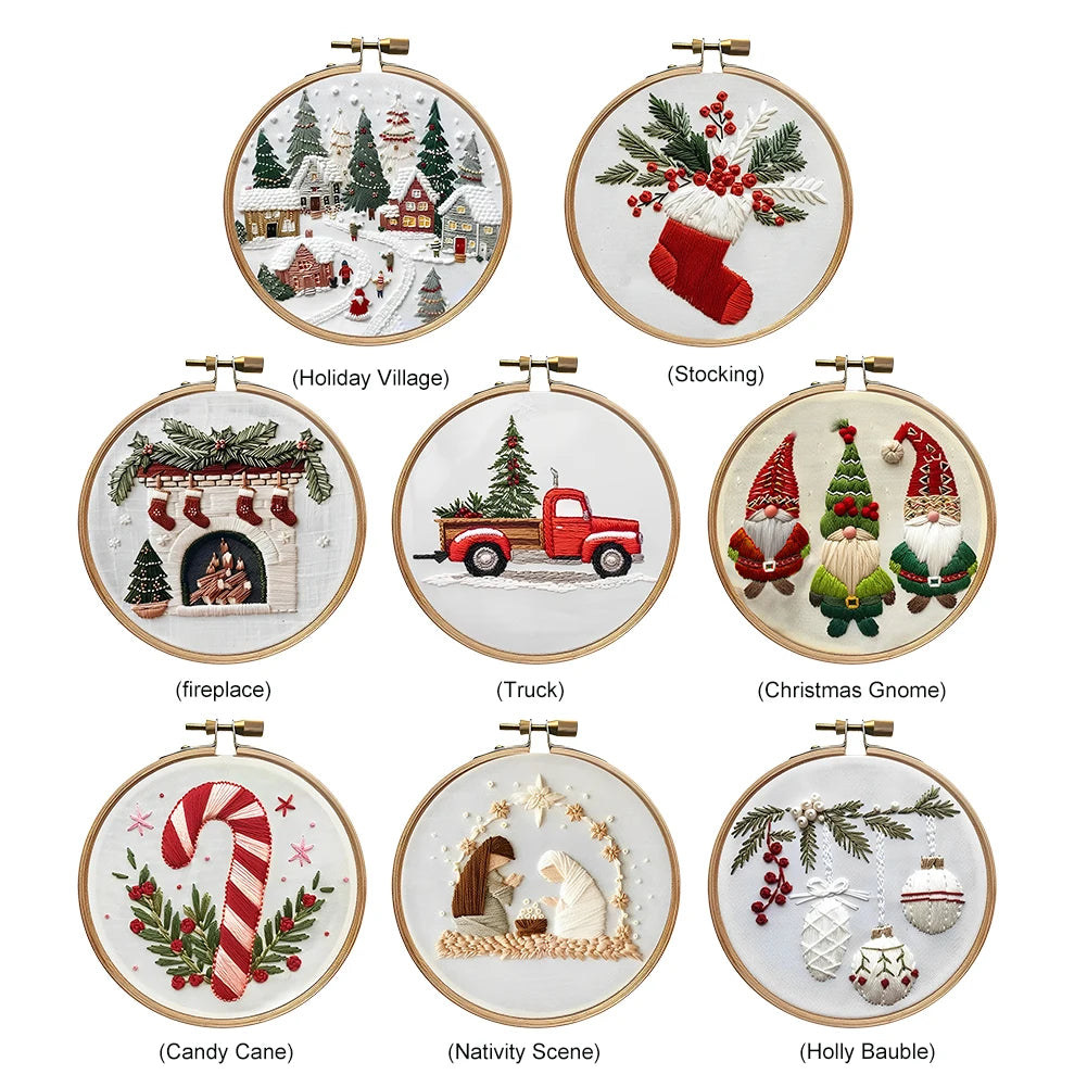 Christmas DIY Embroidery Kit Wreath Handmade Sewing Art Craft Beginners Needlework Printed Pattern Cross Stitch Set Xmas Gift